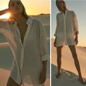 Zara Oversized Cotton Shirt with Openwork Eyelet Embroidery – Size L